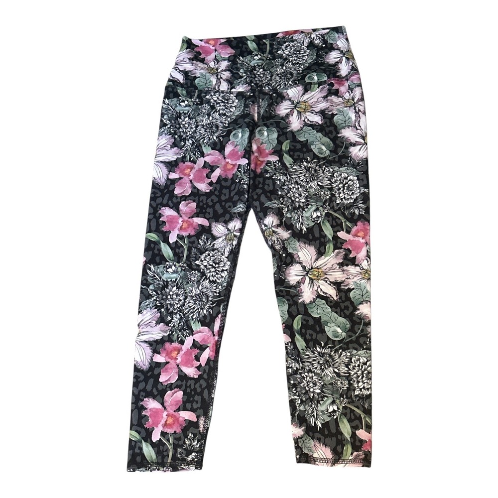 Evolution And Creation Pink Floral Black & Gray Leopard Print Leggings, Large